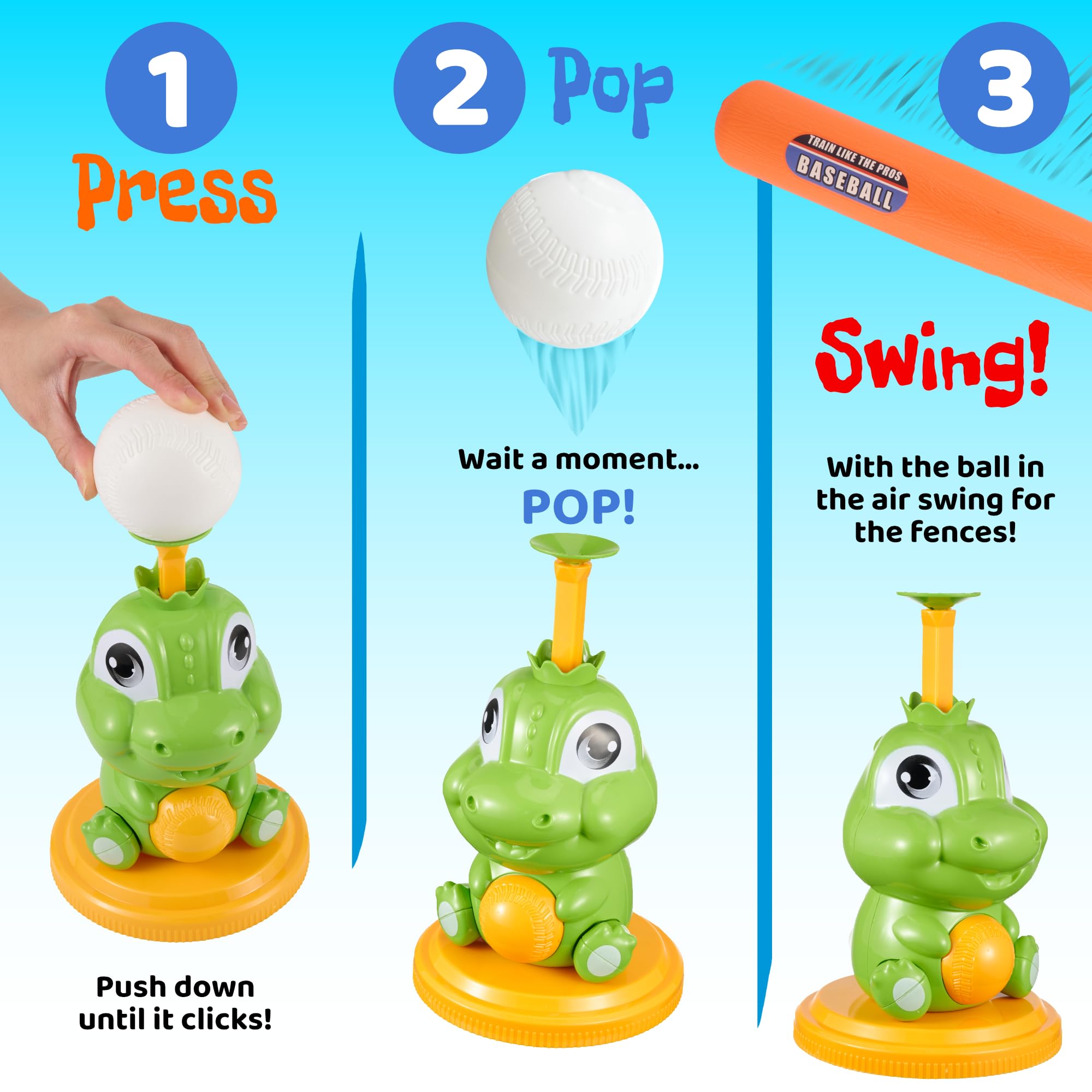 Dinoland interactive dinosaur tee showing the pop-up mechanism for easy swings.