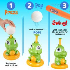 Dinoland interactive dinosaur tee showing the pop-up mechanism for easy swings.