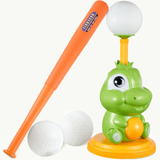 Dinoland Pop-Up T-ball Set with green dinosaur tee for engaging beginner batting practice.