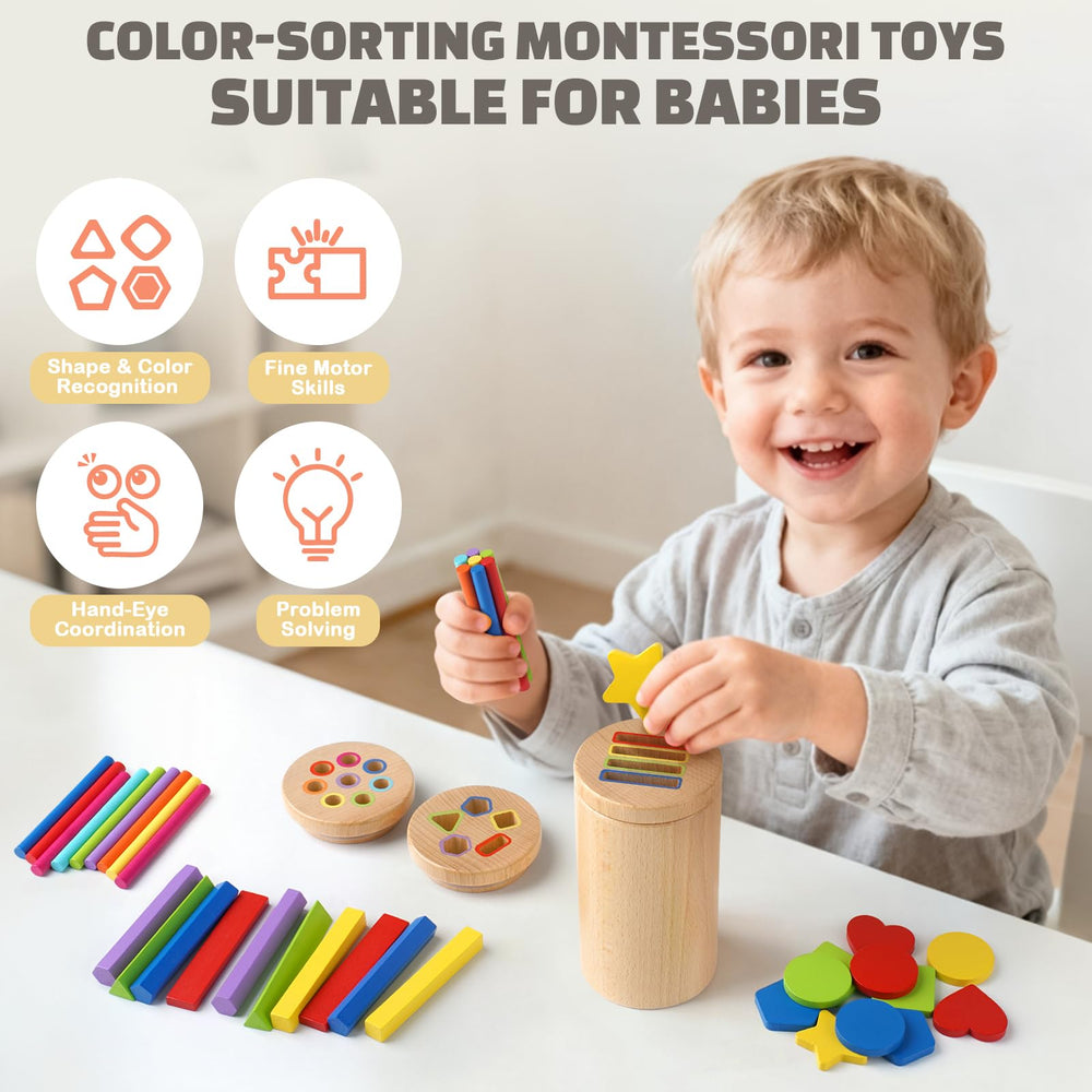 DINORUN Wooden Montessori Toddler Toys – 3-in-1 Color, Shape Sorting ...