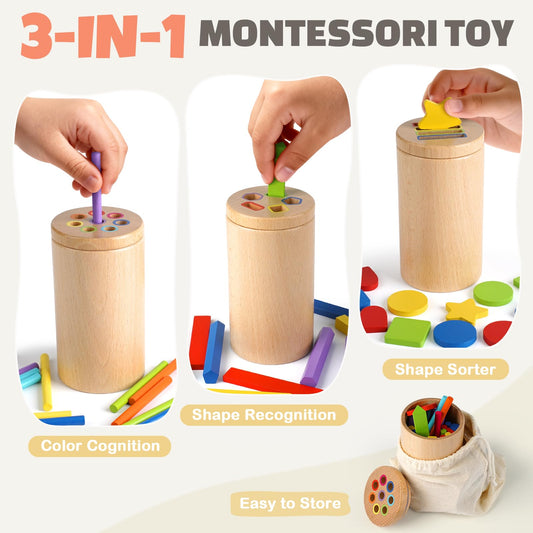 DINORUN wooden toddler sorting toy highlights fine motor practice with sturdy, splinter-free design.