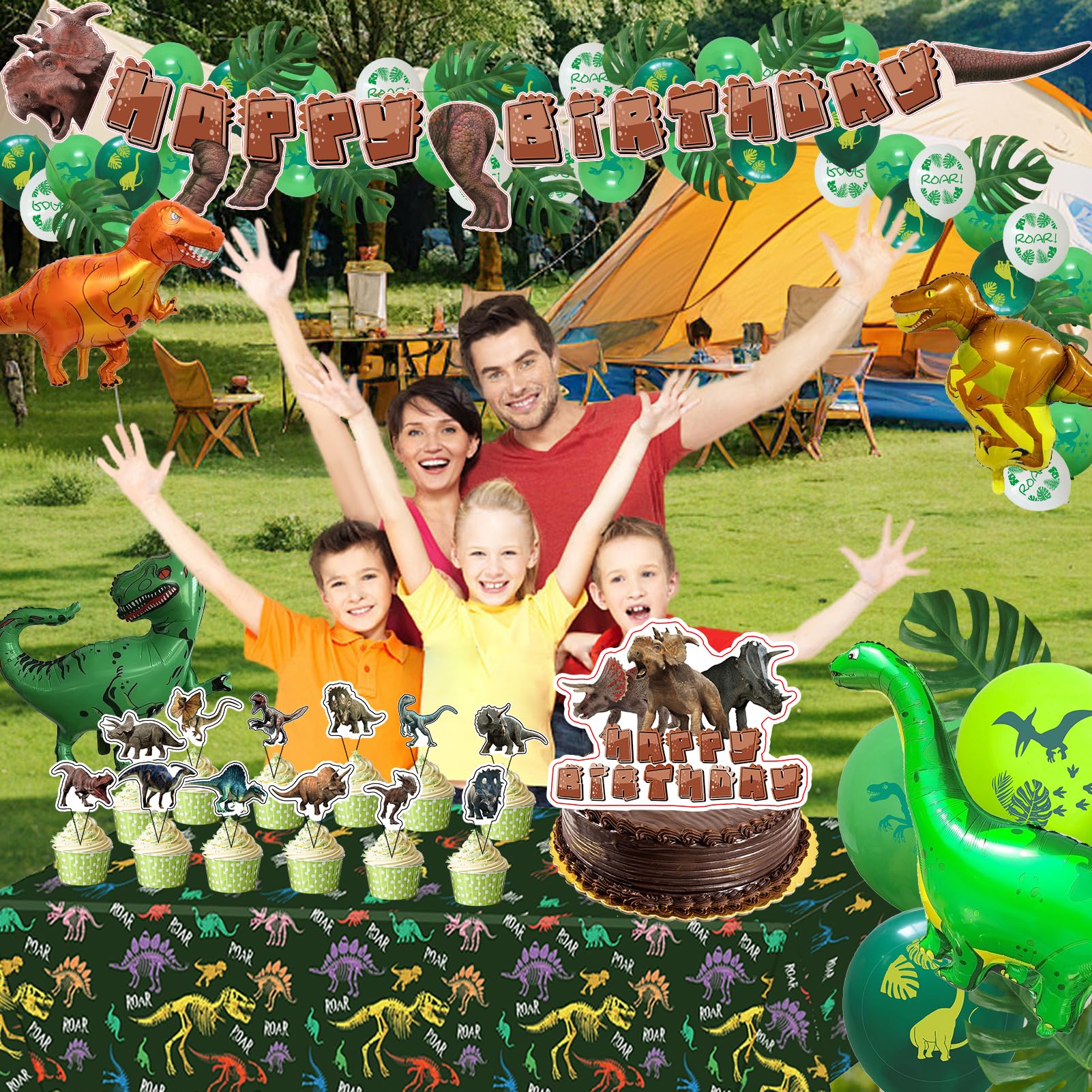 Dinosaur Birthday Party Supplies cupcake toppers add playful decoration.