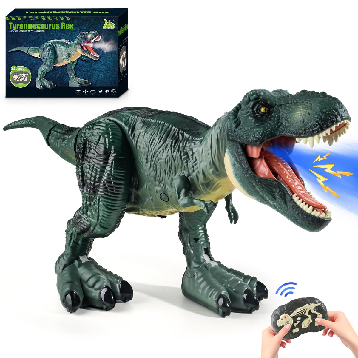 DINOSAURS'ISLAND TOYS Tyrannosaurus RC dinosaur in green ready for action and imaginative play.