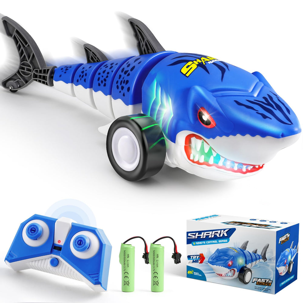Dinotronik Shark RC Car with glowing eyes for nighttime adventures.