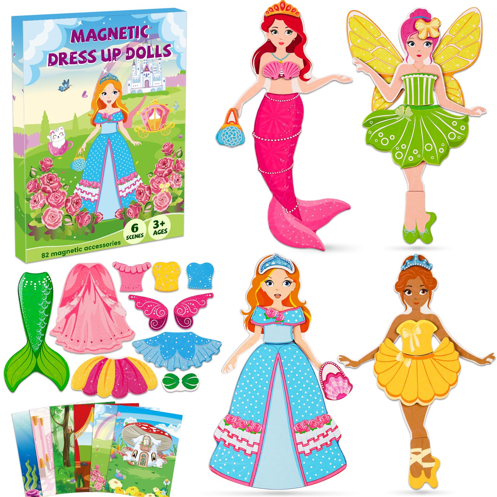 DINSUMRUG princess dress-up dolls with magnetic outfits for imaginative play