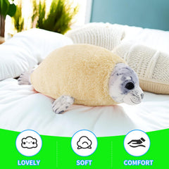 Dinyinor seal plush face close-up shows vivid eyes with lifelike charm.