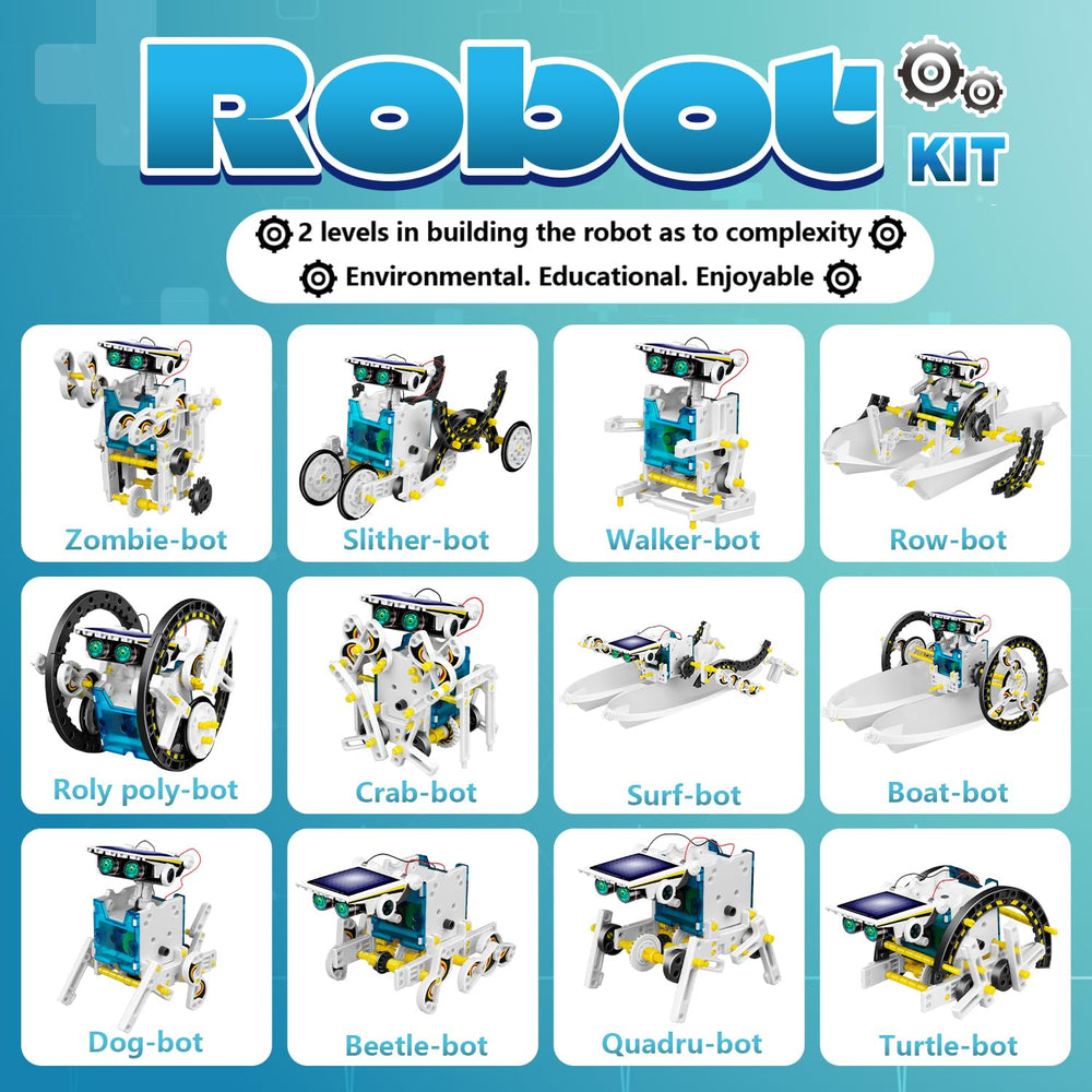 Dioju 13-in-1 solar robot kit on water shows buoyant testing.