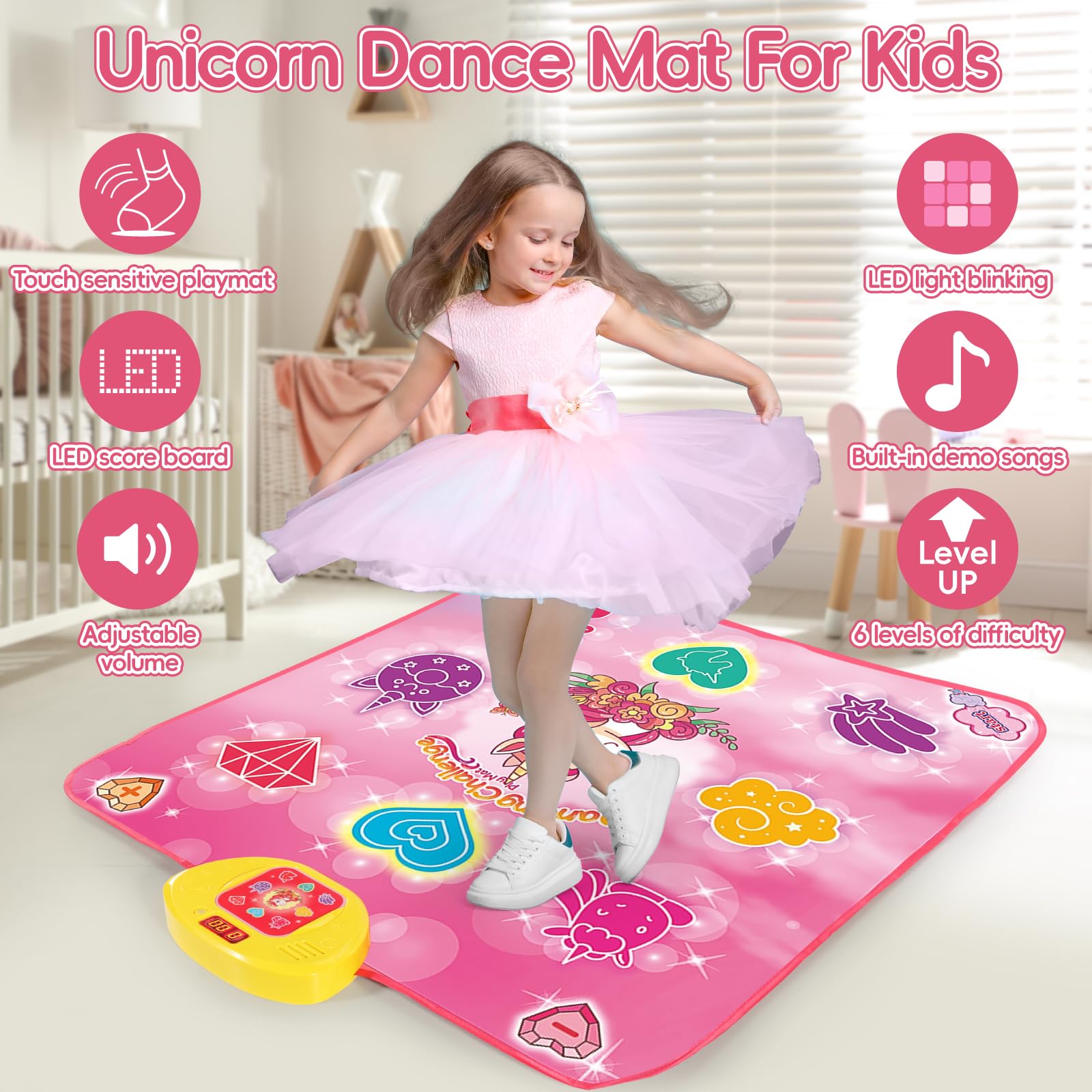 Diophso Unicorn Dance Mat LED-lights enhance dancing moments.