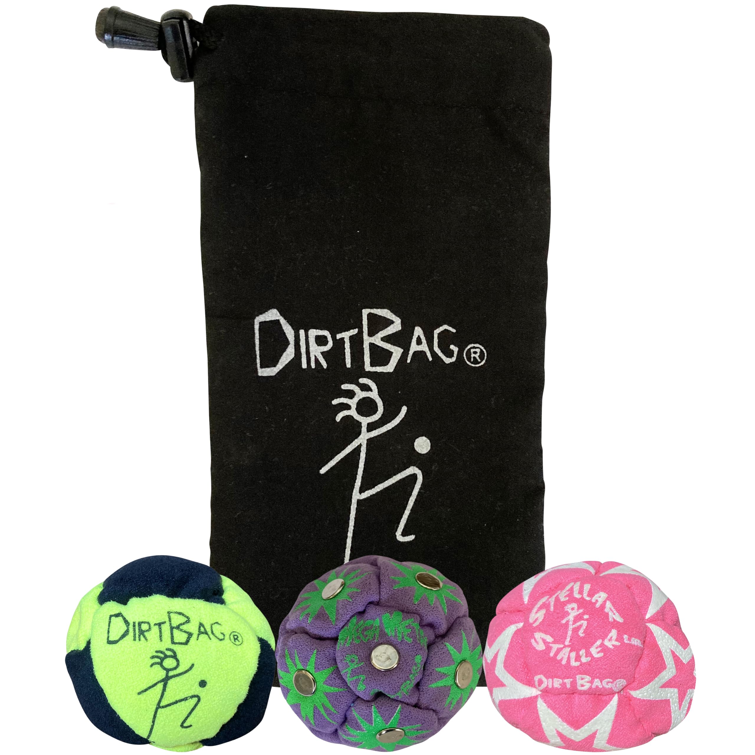 Dirtbag All Star footbag trio stored in the signature pouch for easy transport.