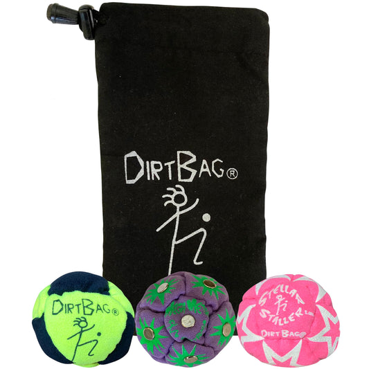 Dirtbag All Star footbag trio stored in the signature pouch for easy transport.