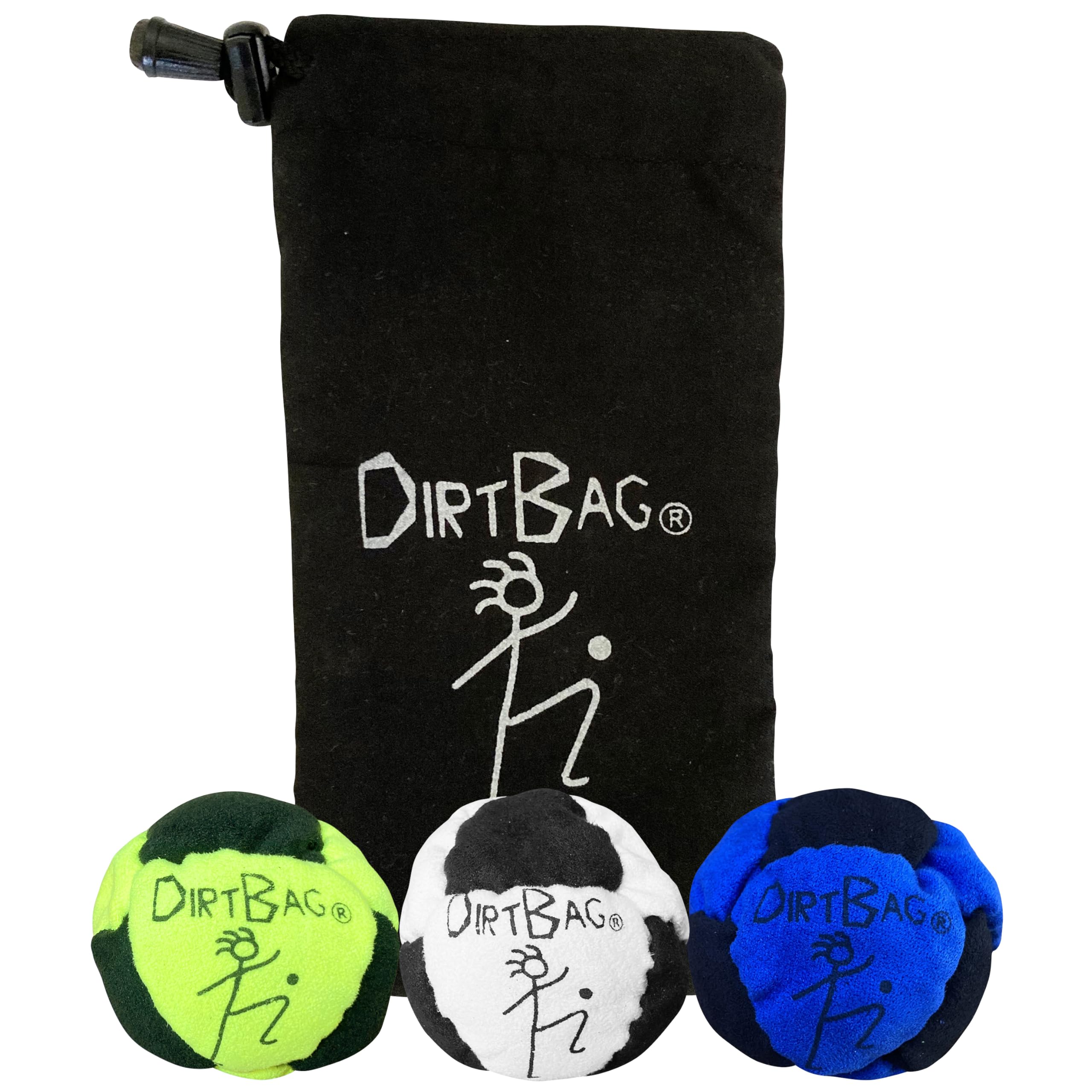 DIRTBAG classic footbag 3-pack with pouch for portable practice sessions.