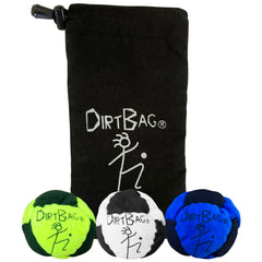 DIRTBAG classic footbag 3-pack with pouch for portable practice sessions.