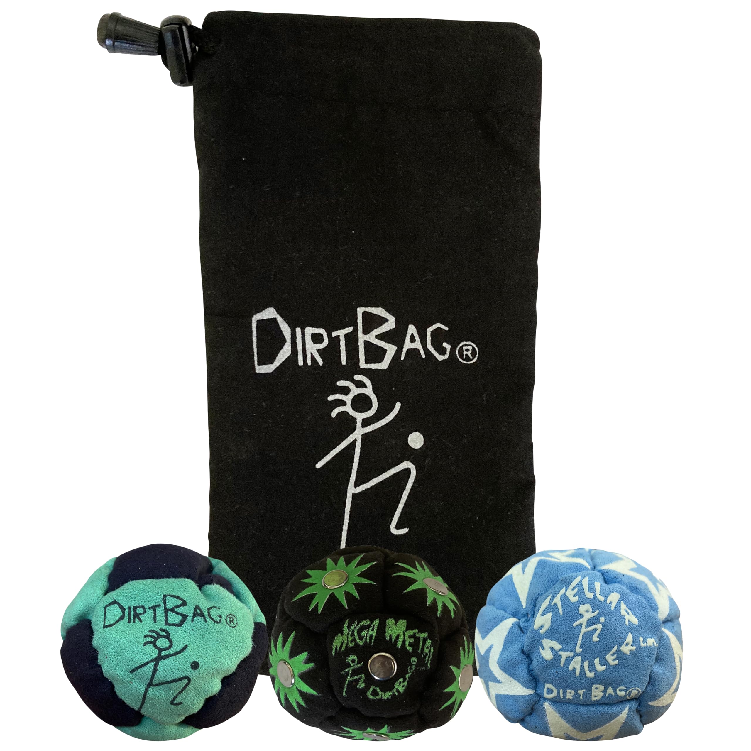 DIRTBAG All Star Footbag 3-pack with pouch in green and black for portable practice.