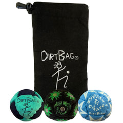 DIRTBAG All Star Footbag 3-pack with pouch in green and black for portable practice.