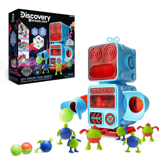 Discovery DIY Prize-Pod Robot Kit front view showing retro vending machine design for STEM fun