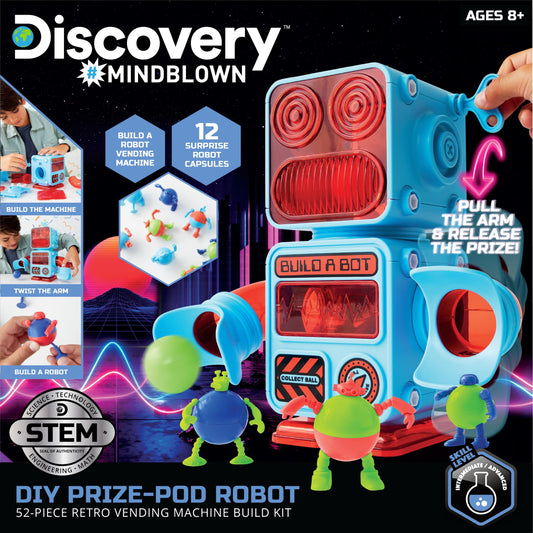 Discovery DIY Prize-Pod Robot Kit packaging side view highlighting the 52-piece set