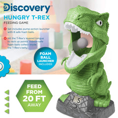 Discovery Hungry T-Rex feeding game air launcher in action demonstrates range.