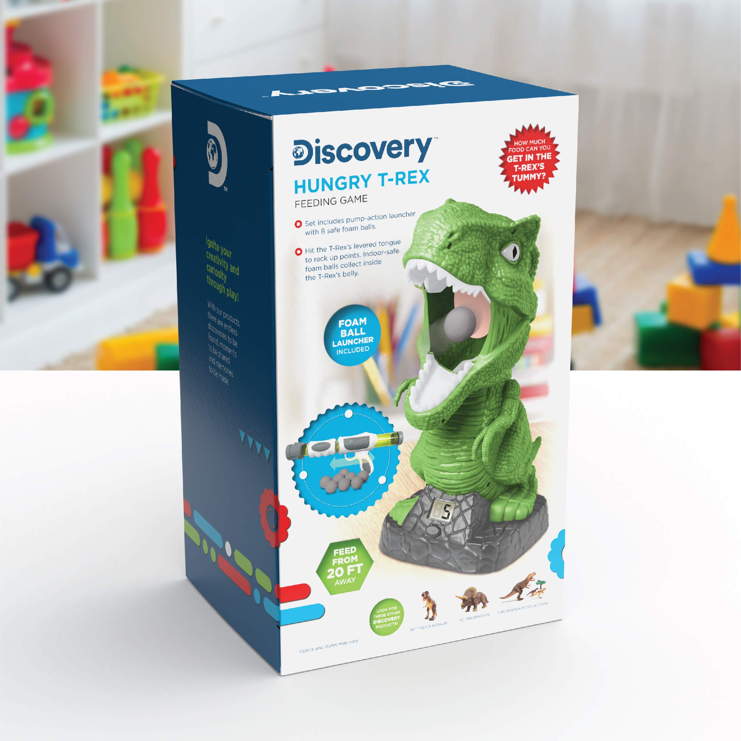Discovery Hungry T-Rex feeding game gift ready packaging for birthdays.