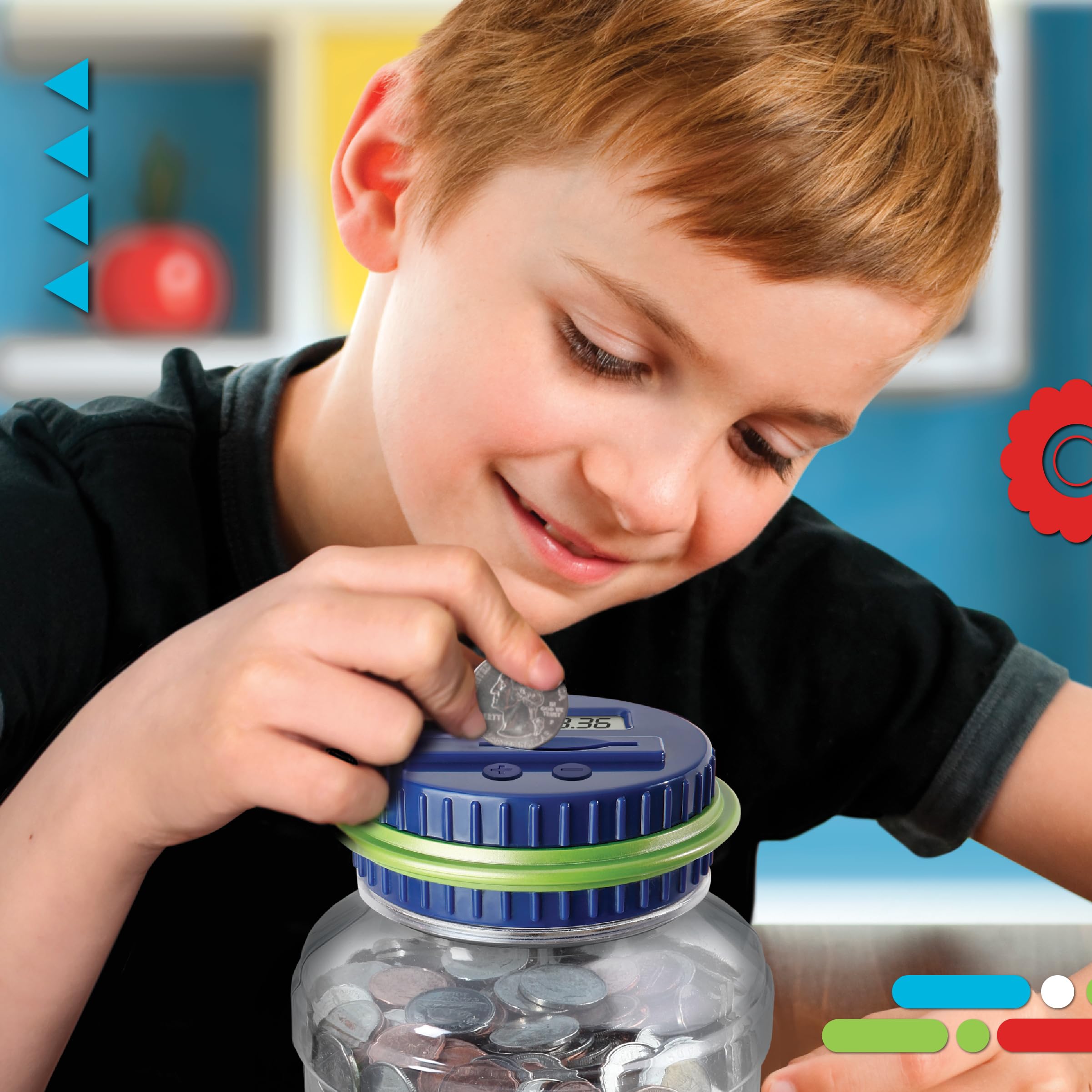 Discovey money jar sits on a desk for daily use.