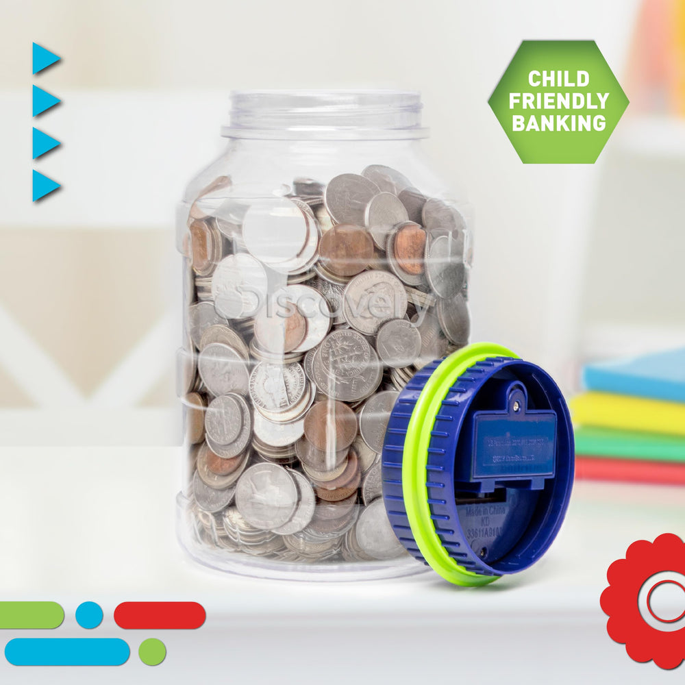 Discovey transparent money jar lets kids view savings at a glance.