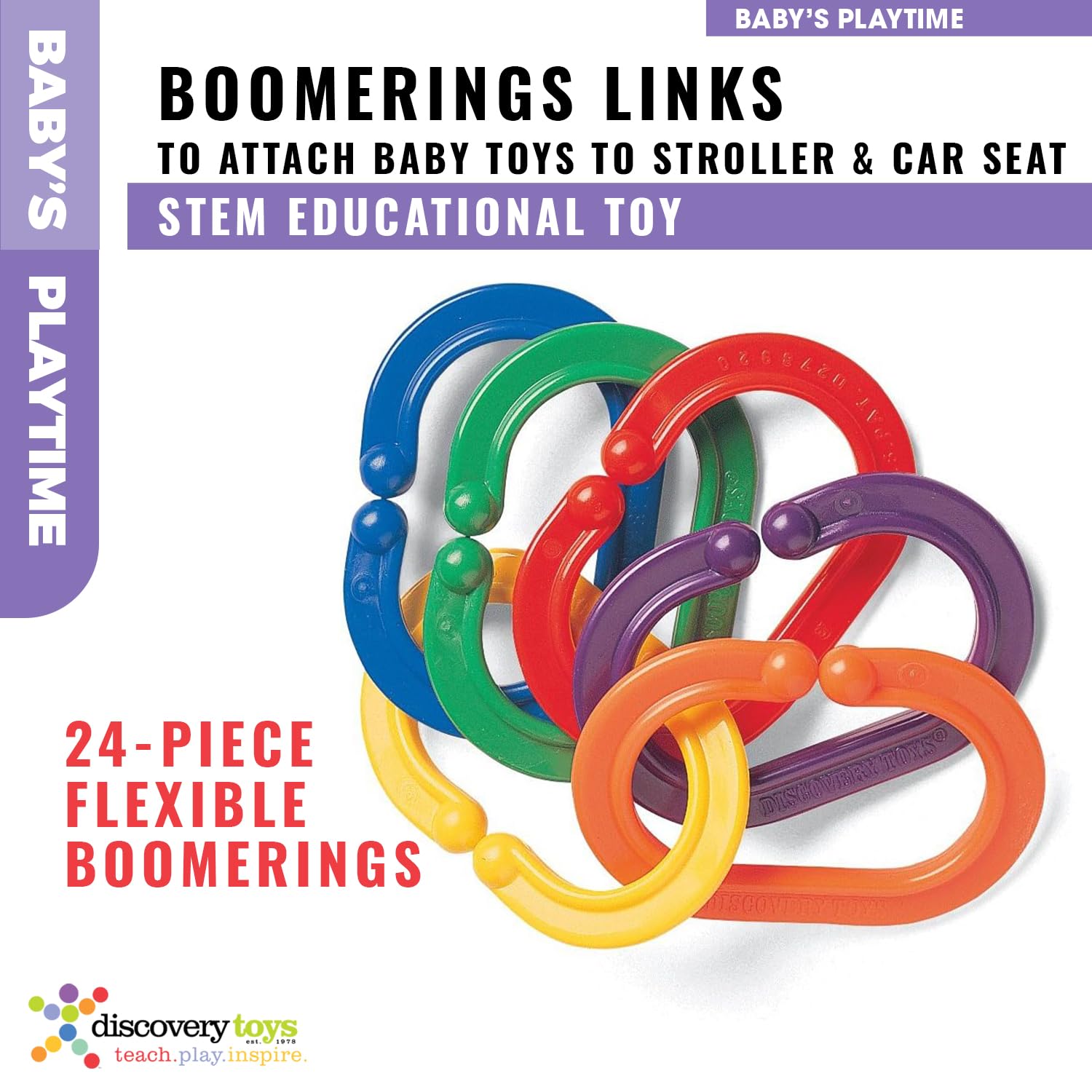 Discovery Toys Boomerings clipped to a car seat for safe, portable exploration.
