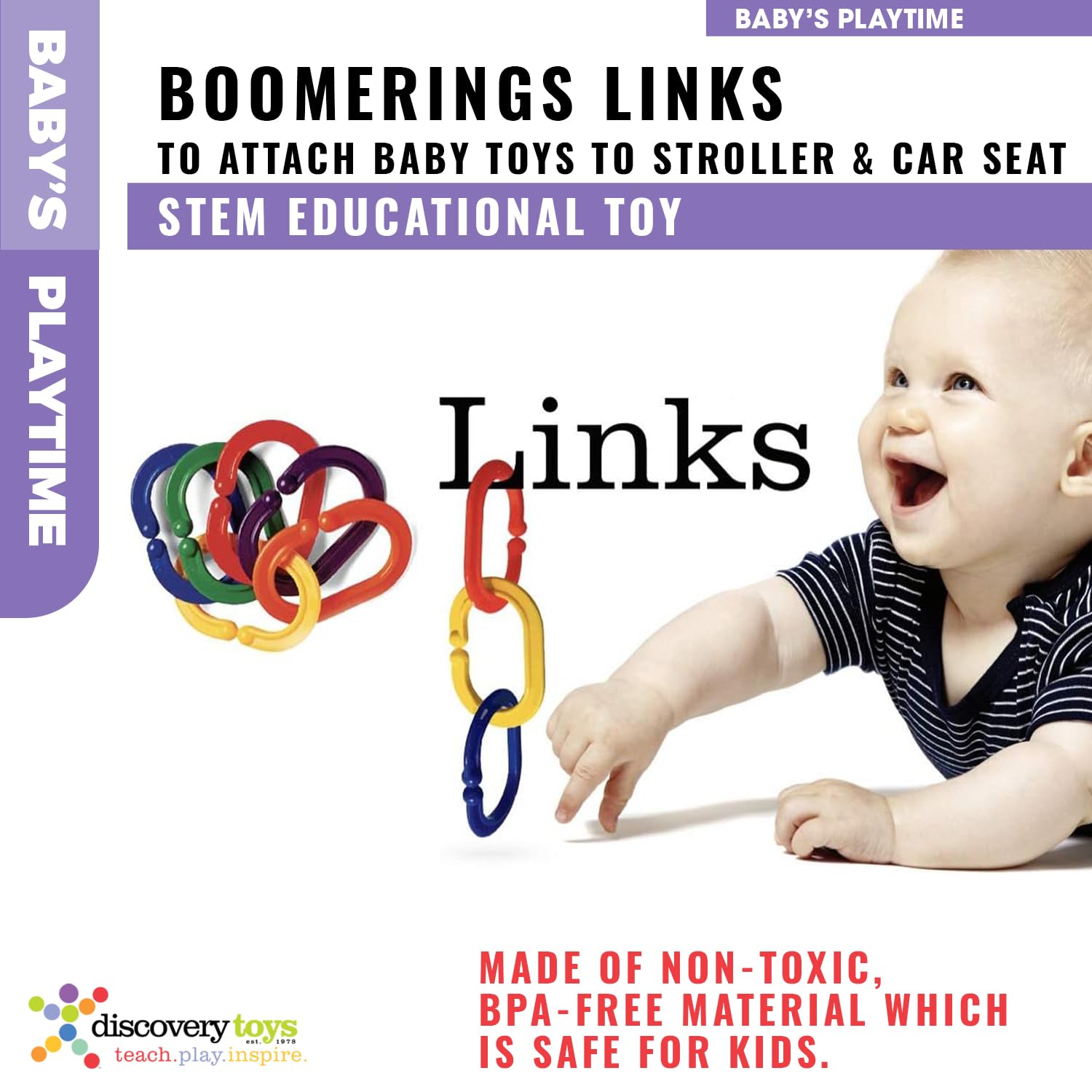 Discovery Toys Boomerings used to sort colors and patterns to boost early math skills.