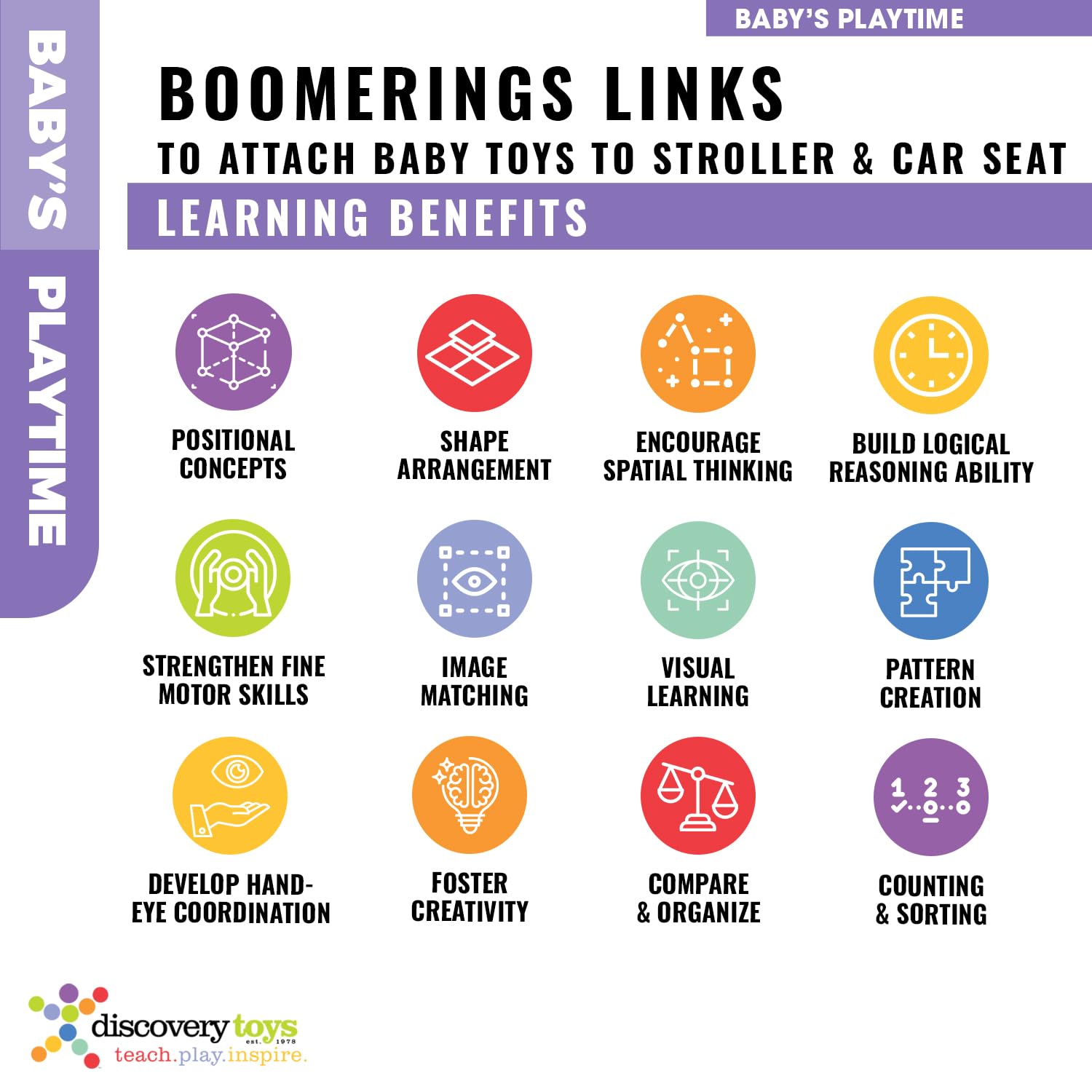 Discovery Toys Boomerings encourage fine motor skills through linking and pulling games.