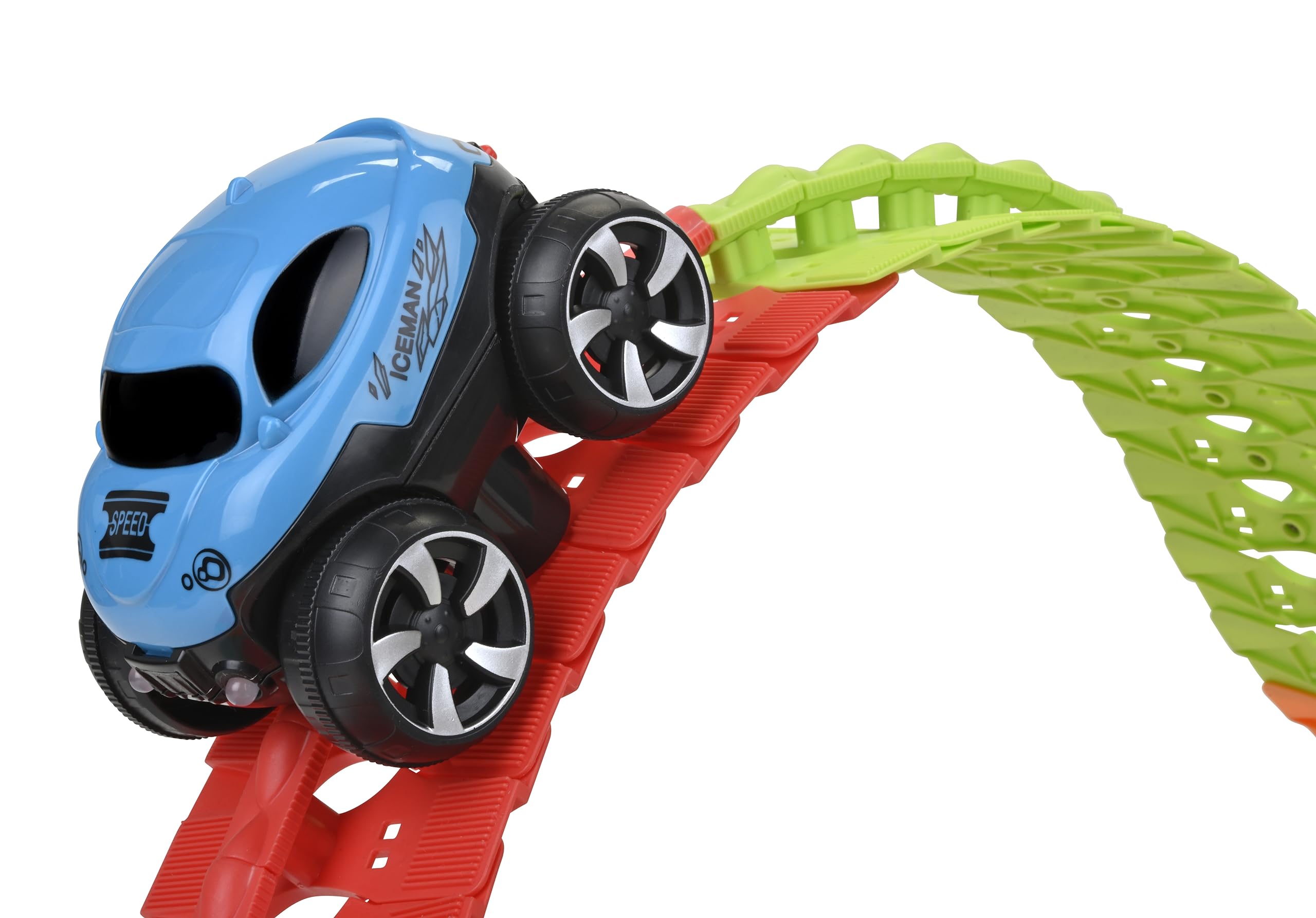 Discovery Toys Crazy Climb Track LED race car climbs over colorful track obstacles