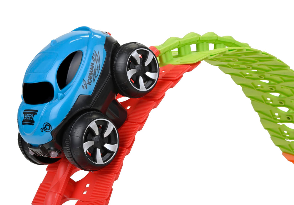Discovery Toys Crazy Climb Track LED race car climbs over colorful track obstacles