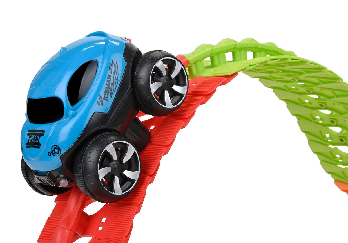 Discovery Toys Crazy Climb Track LED race car climbs over colorful track obstacles
