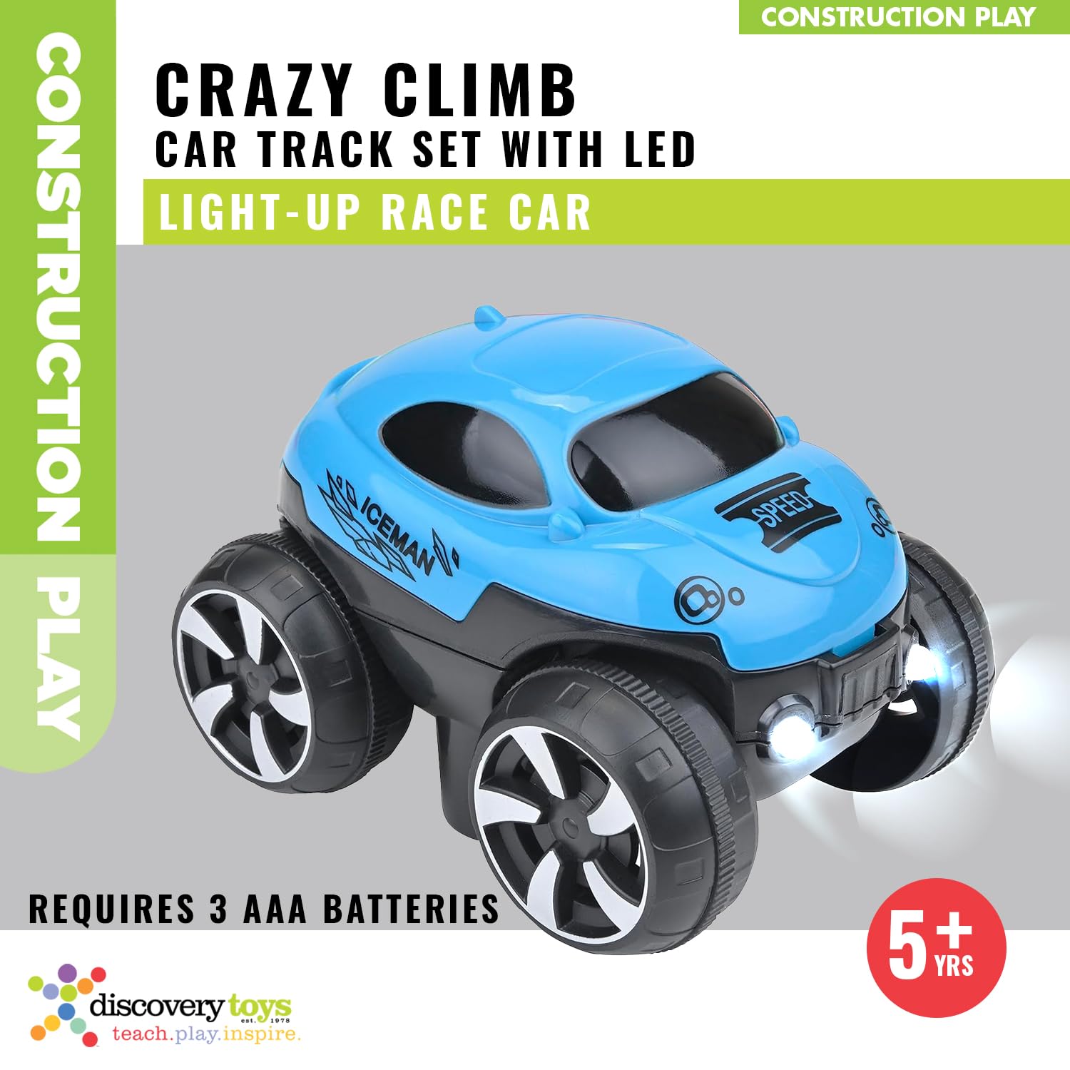 Discovery Toys LED race car climbs tall blocks with grip design