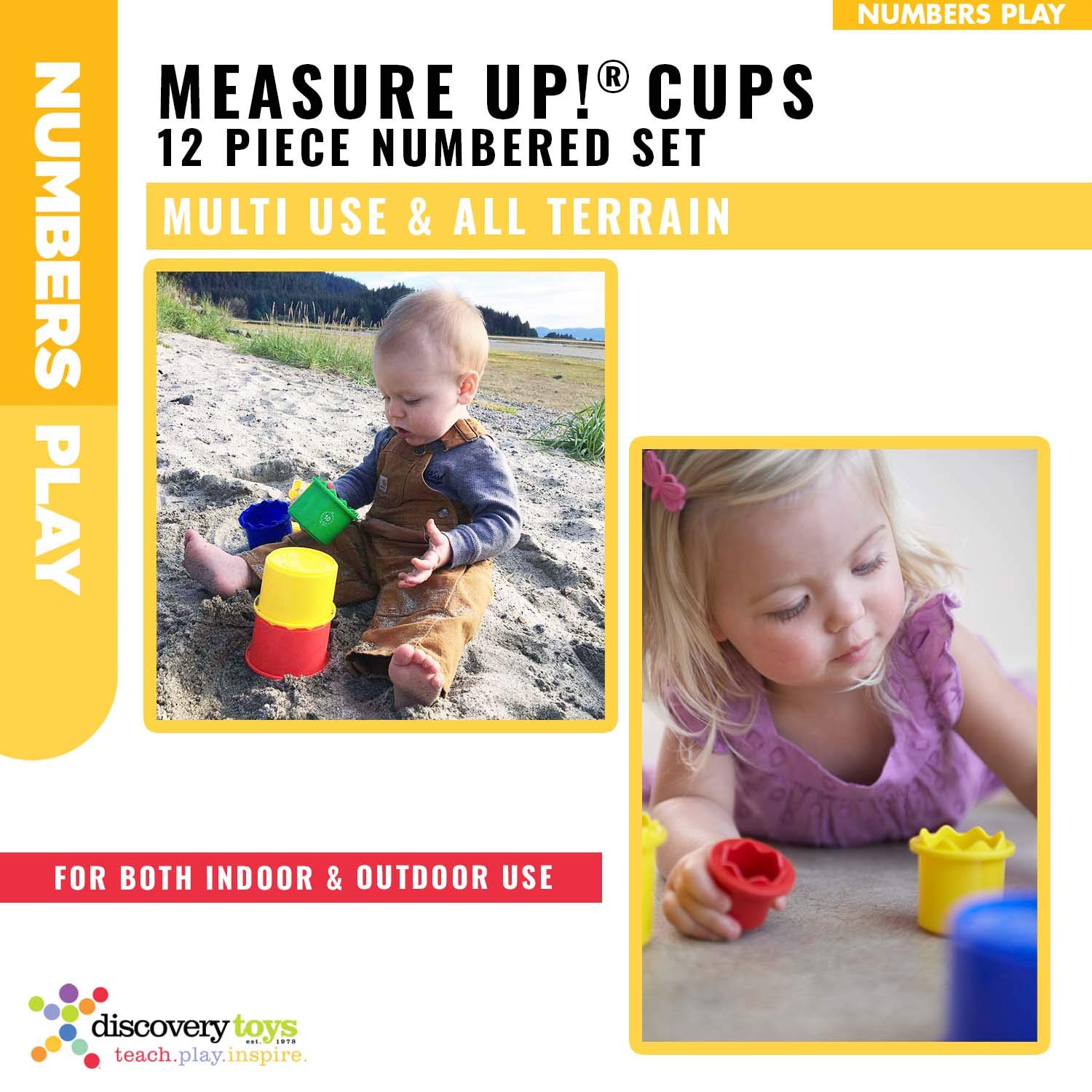 Discovery Toys Measure UP! Cups show numbers in three formats for early math familiarity.
