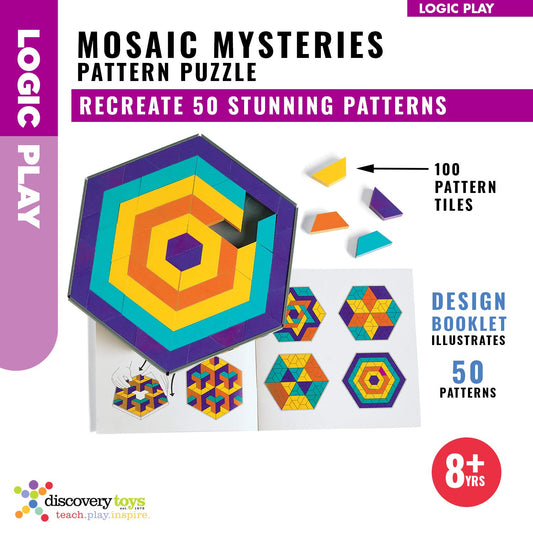 Discovery Toys Mosaic Mysteries color pieces in vibrant hues support pattern recognition.