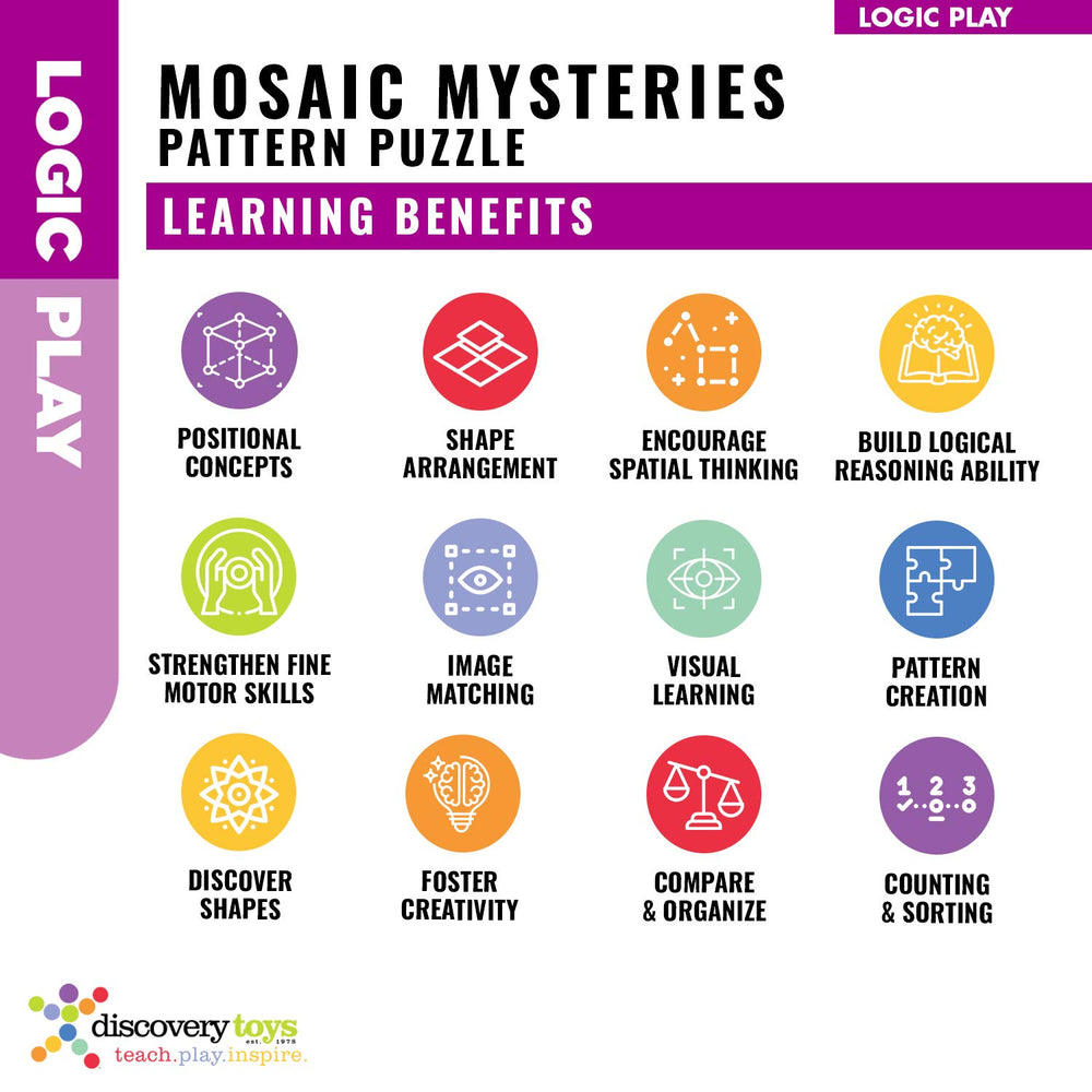 Discovery Toys Mosaic Mysteries puzzle pieces for memory and matching challenges.