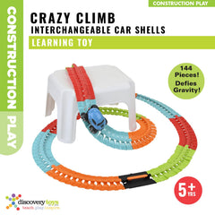 Discovery Toys track pieces snap together to form a personalized, colorful racetrack