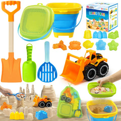 DISHIO collapsible bucket at the beach, perfect for easy storage after play.