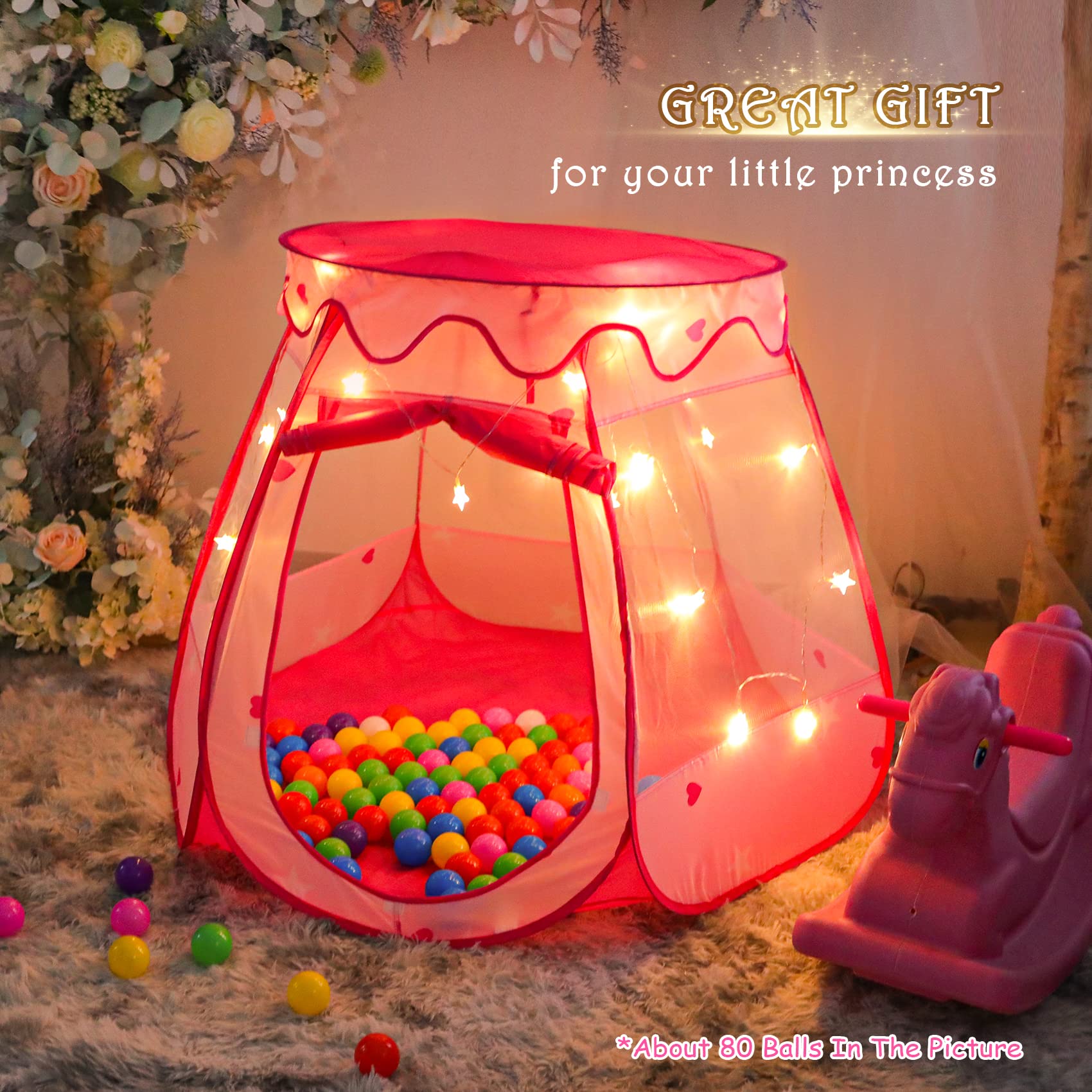 DISHIO Princess Tent pops up in seconds for quick setup.