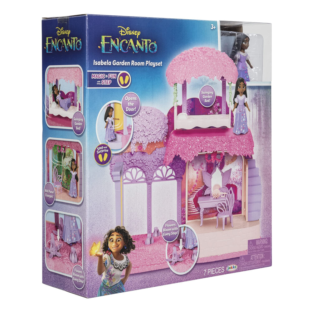 Disney Encanto path blooms as Isabela steps, inviting storytelling moments.