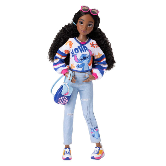Disney ILY 4Ever Stitch doll in blue denim jacket and pink denim skirt for versatile styling.