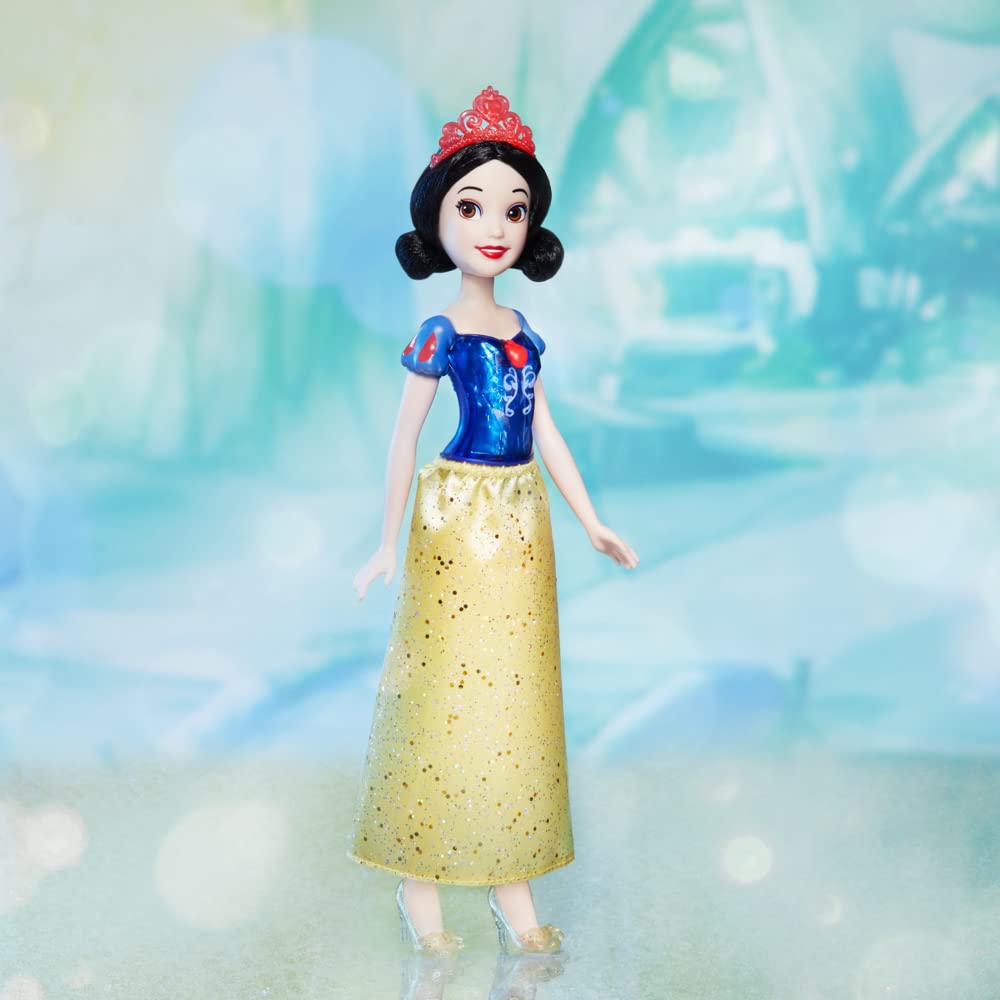Disney Princess Royal Shimmer Snow White doll with iconic black hair for dress-up styling.