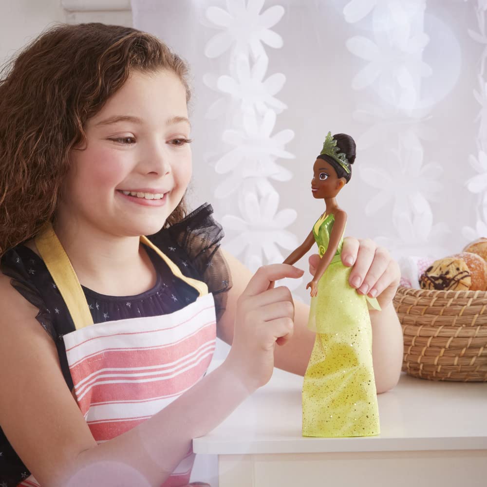 Disney Princess Royal Shimmer Tiana doll full outfit ready for pretend adventures.