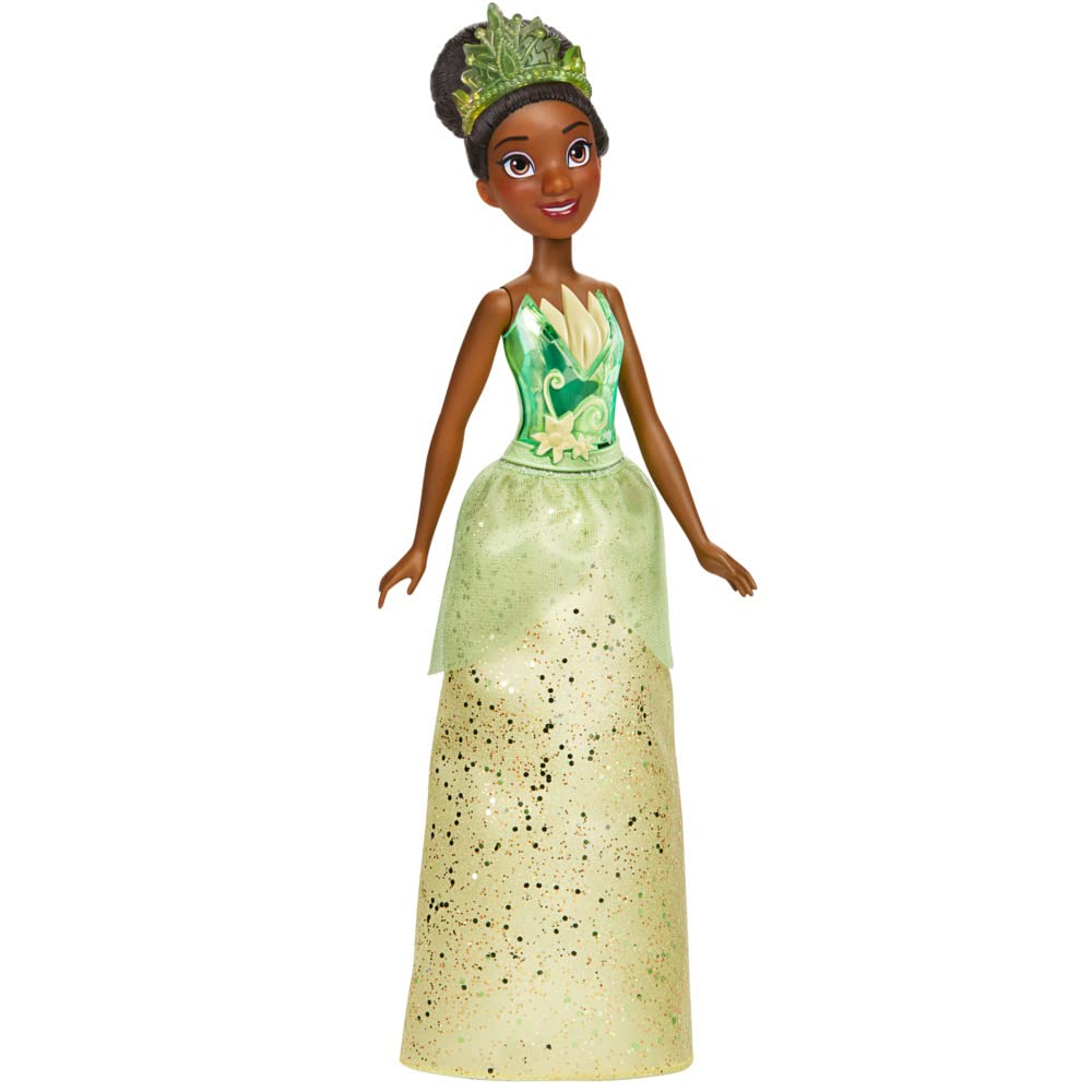 Disney Princess Royal Shimmer Tiana doll green skirt close-up highlights vibrant outfit.