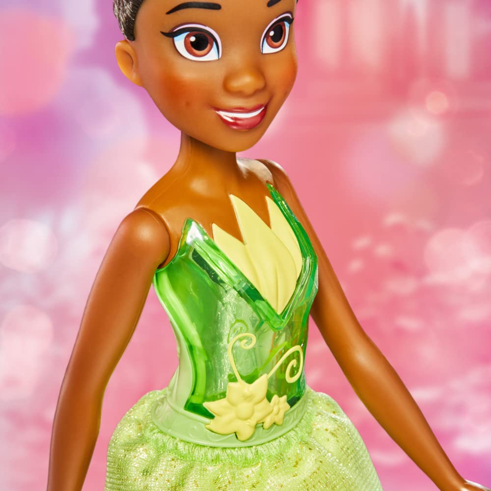 Disney Princess Royal Shimmer Tiana doll tiara detail enhances dress-up play.