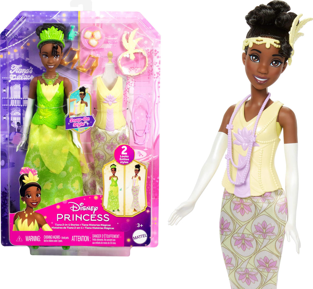 Disney Princess Tiana doll with snap-on bodices for quick outfit changes during playtime.
