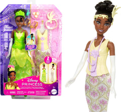 Disney Princess Tiana doll with snap-on bodices for quick outfit changes during playtime.