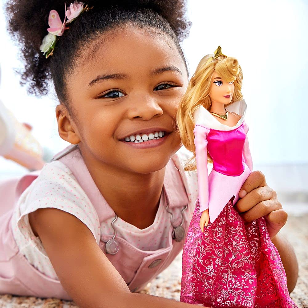 Disney Store Aurora Doll with golden tiara and necklace for royal dress-up