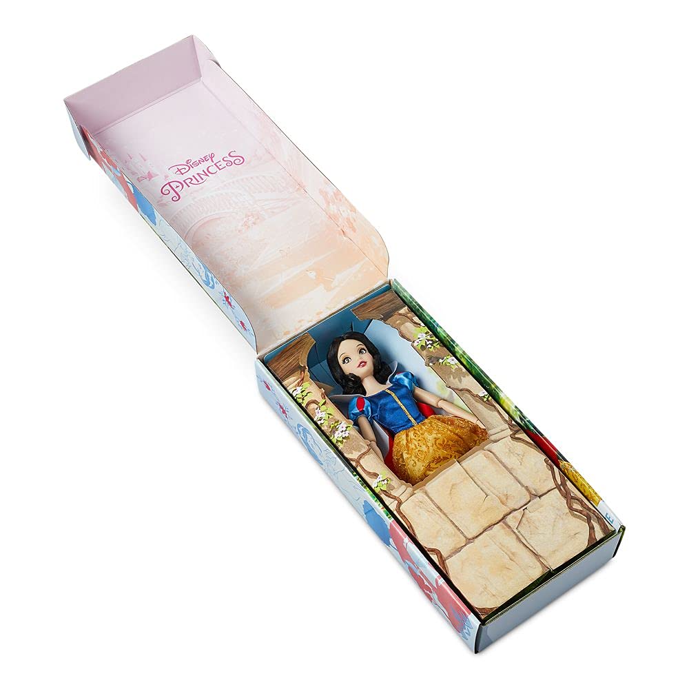 Disney Store Snow White doll with white satin collar promotes dress-up and storytelling sessions.