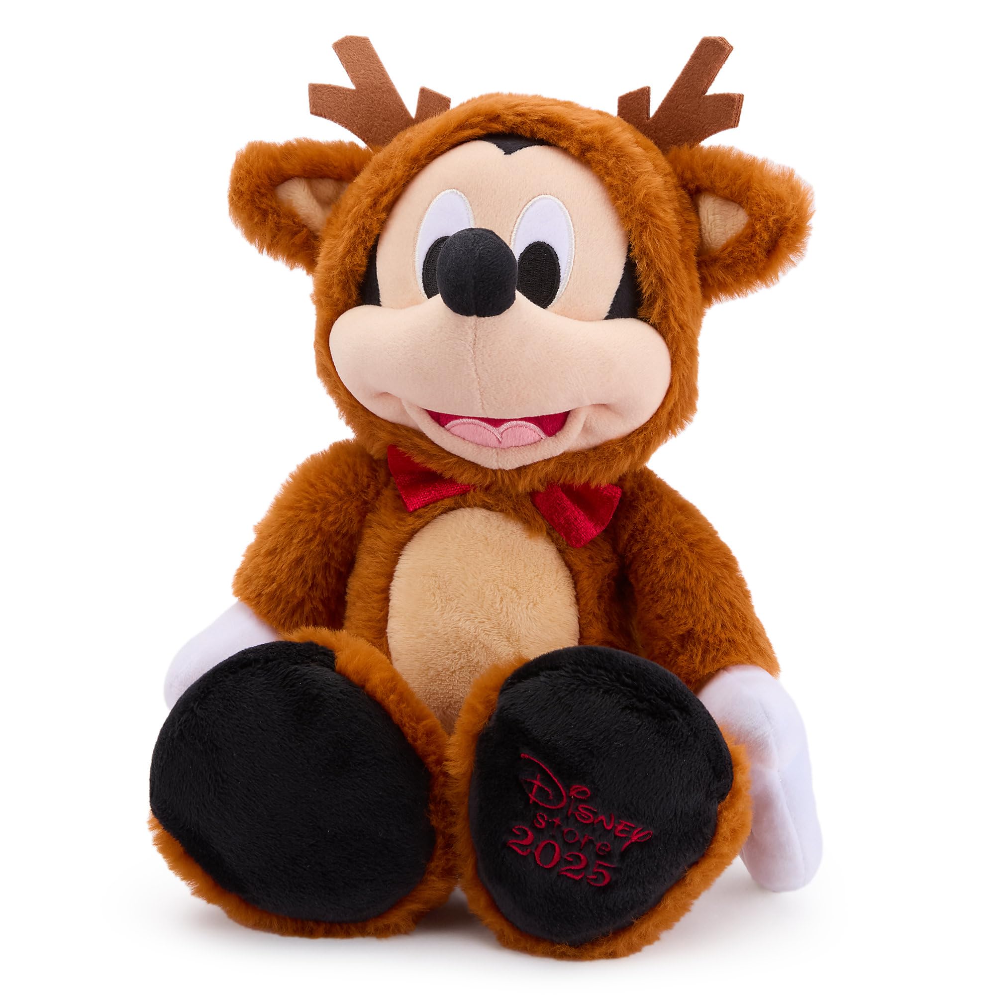 Sparkling bow tie detail on Mickey Mouse reindeer plush for holiday charm