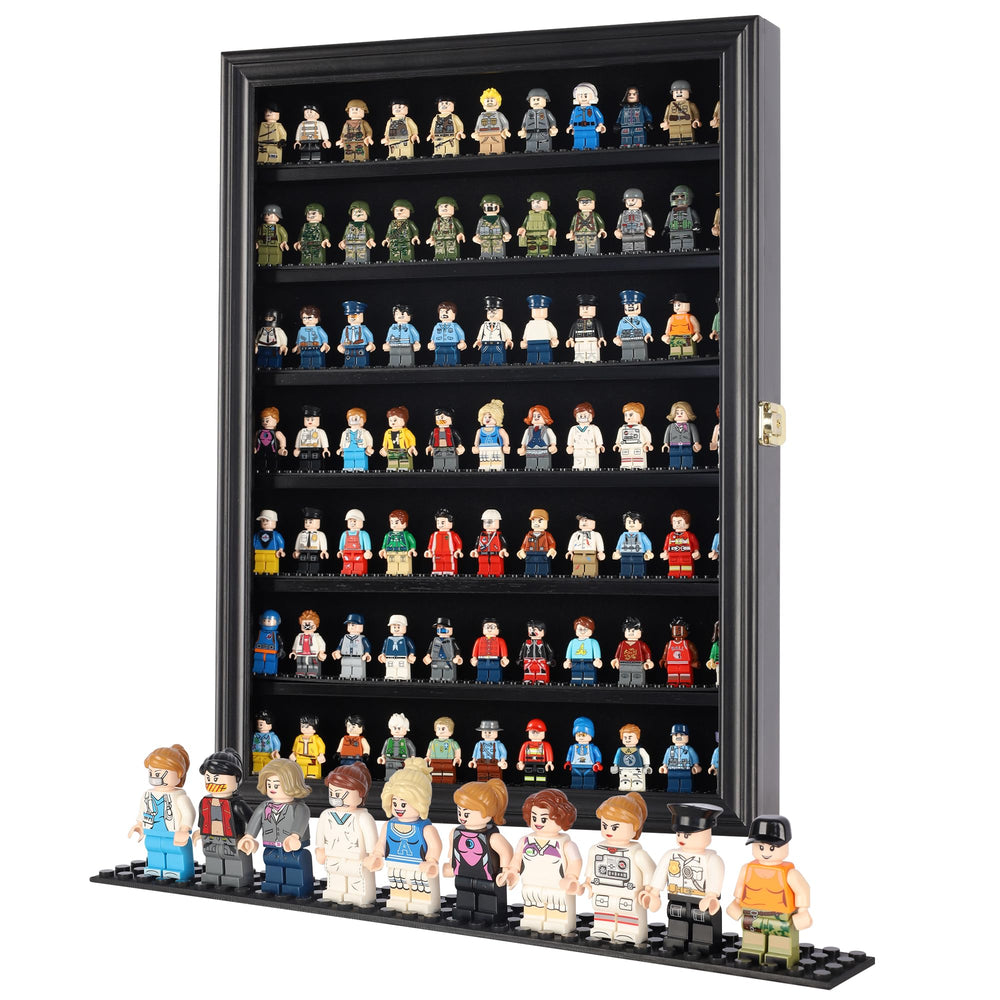 DisplayGifts minifigure display case with black finish frame for organized, dust-free showcasing.