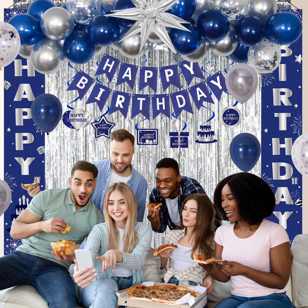 Distasio blue Happy Birthday door banner invites guests inside